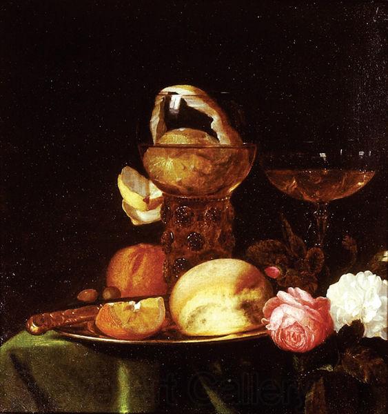simon luttichuys Still Life with Fruit and Roses a.k.a. Still-Life with a Peeled Lemon in a Roemer.